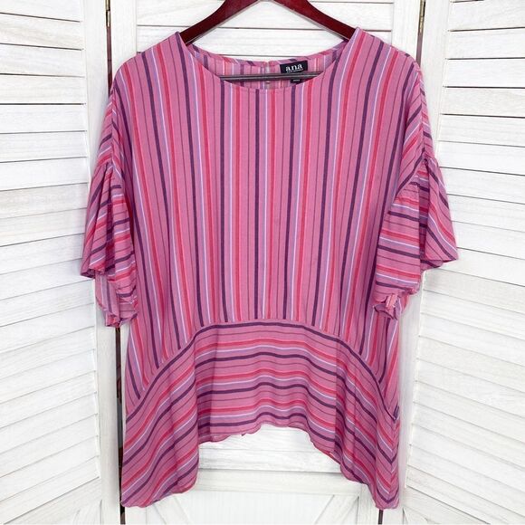 a.n.a. Striped Flounce Sleeve Tunic Blouse Pink Large - Picture 8 of 13